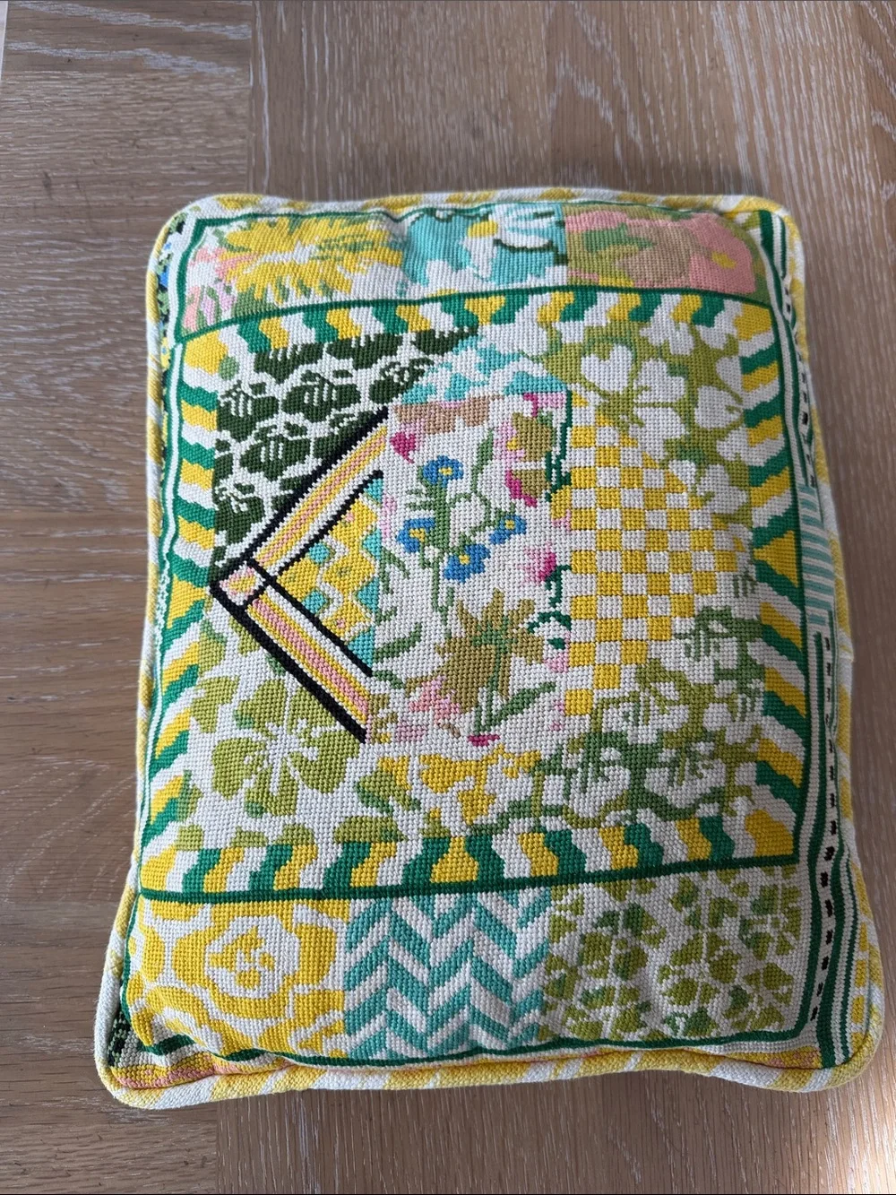 Vintage Needlepoint throw pillow Geometric Pattern w/floral botanical accents